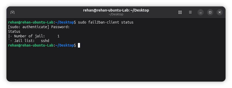 Ubuntu Fail2ban client status showing active sshd jail
