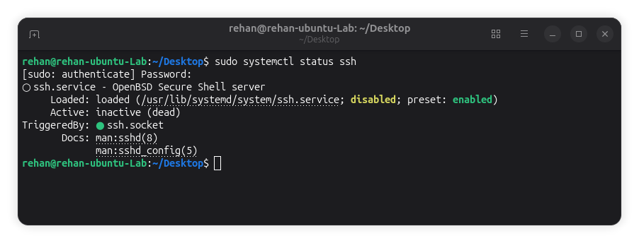 Ubuntu OpenSSH server service status in terminal
