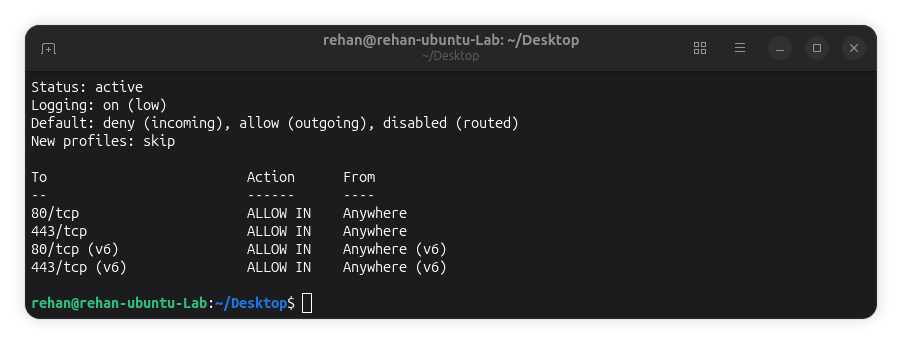 Ubuntu UFW firewall status verbose output showing active rules