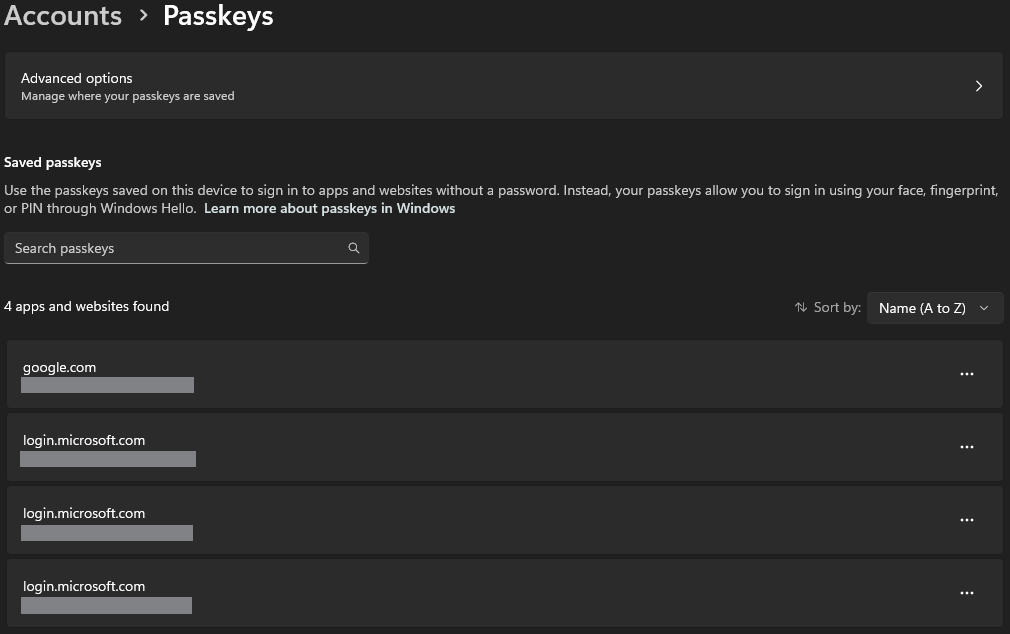 Windows 11 Passkeys manager screen showing saved credentials