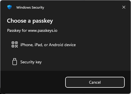 Windows Security choose a passkey prompt on Windows 11